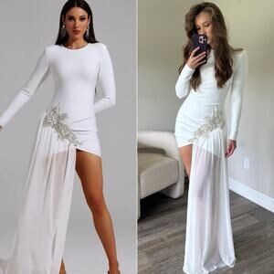 Bella Barnett White Hi-Low Gown Long Sleeve Beaded Rhinestone Side Slit S